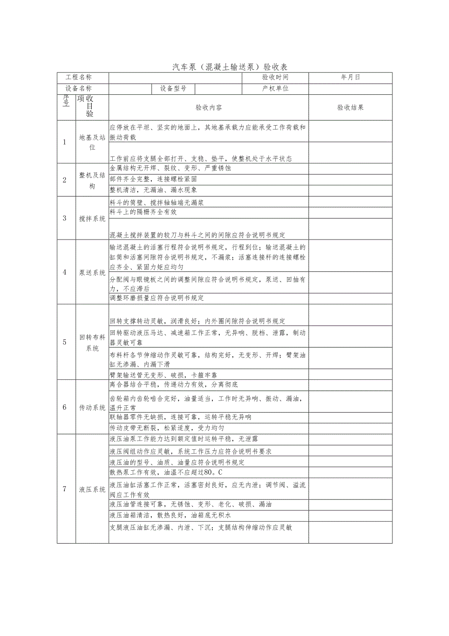 汽车泵（混凝土输送泵）验收表.docx_第1页