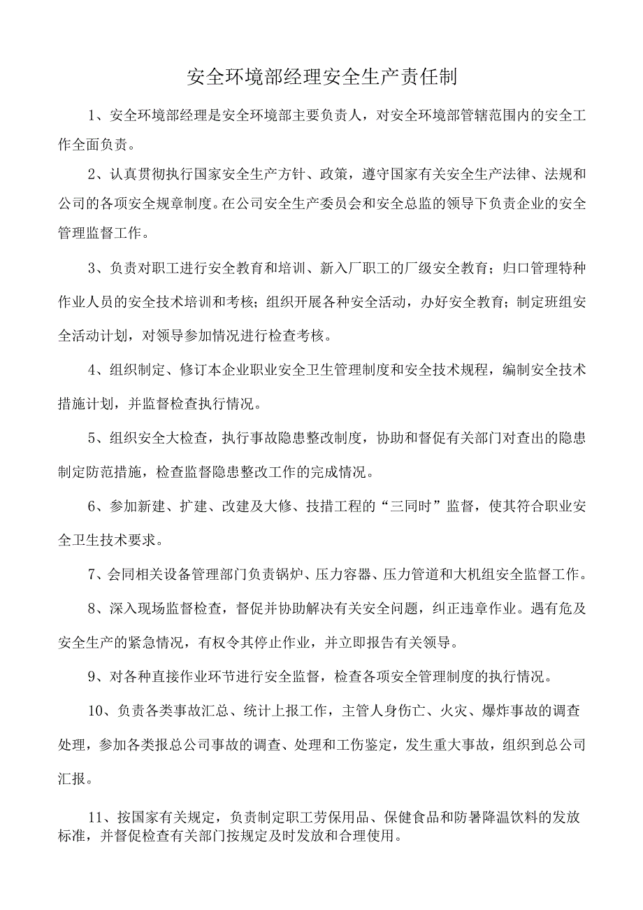 安全环境部经理安全生产责任制.docx_第1页