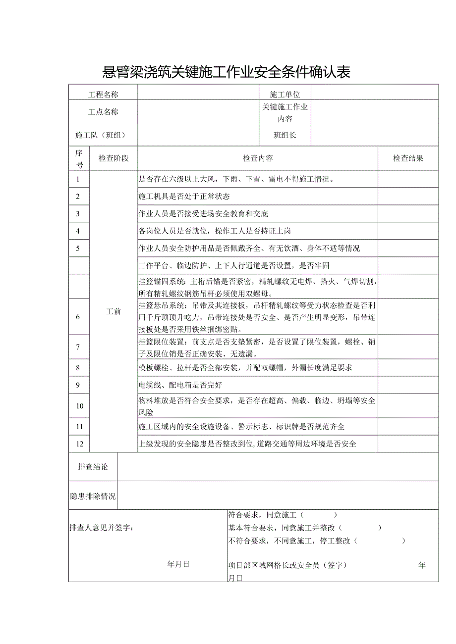 关键施工作业安全条件确认表（悬臂梁浇筑）.docx_第1页