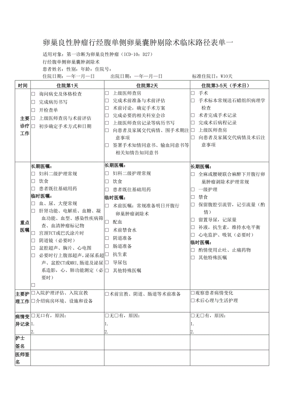 卵巢良性肿瘤行经腹单侧卵巢囊肿剔除术临床路径表单.docx_第1页