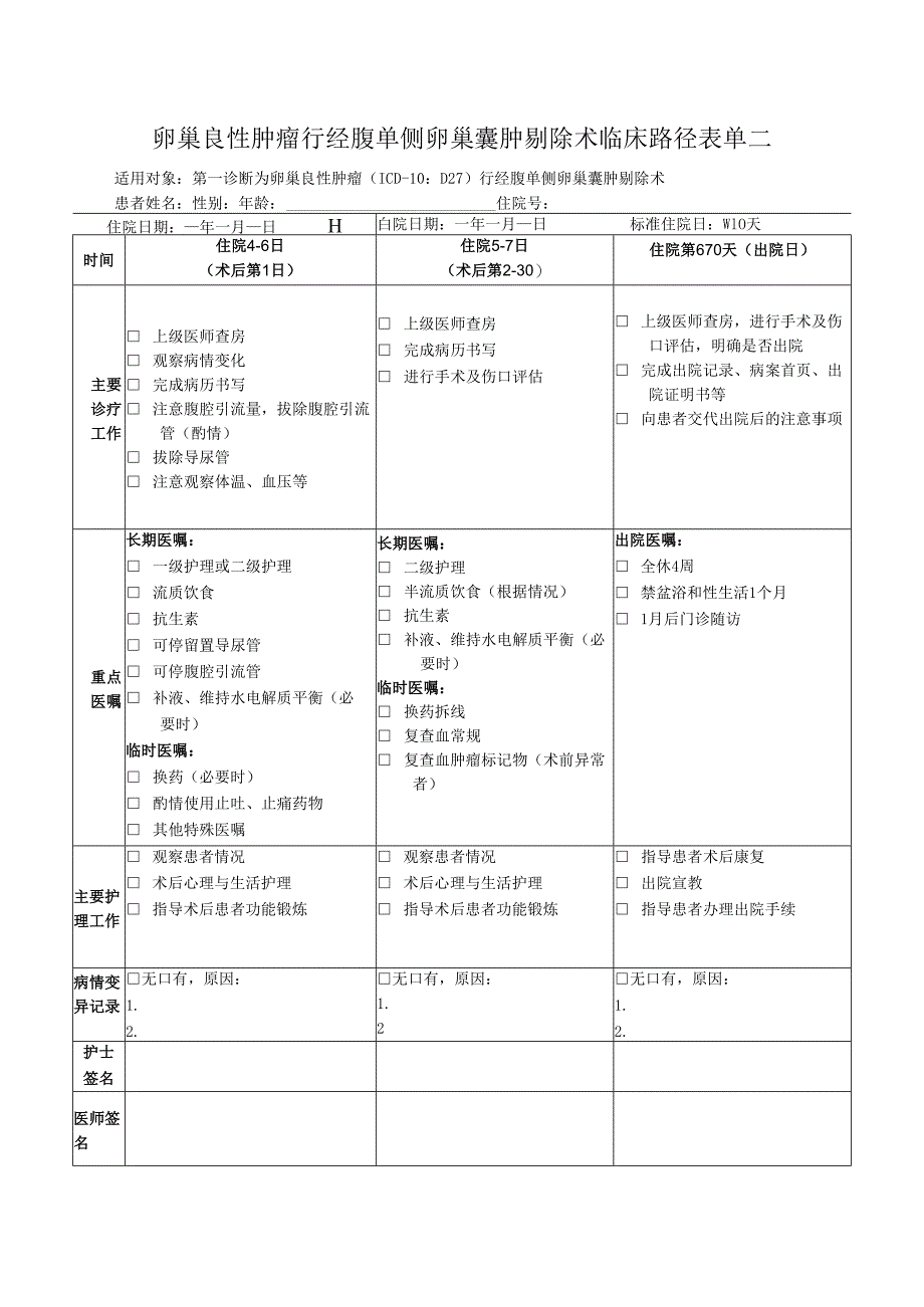 卵巢良性肿瘤行经腹单侧卵巢囊肿剔除术临床路径表单.docx_第2页