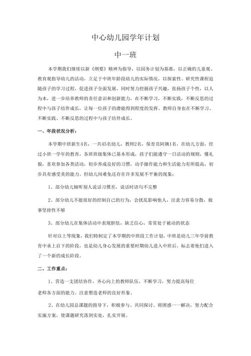 幼儿园中一班学年计划.docx