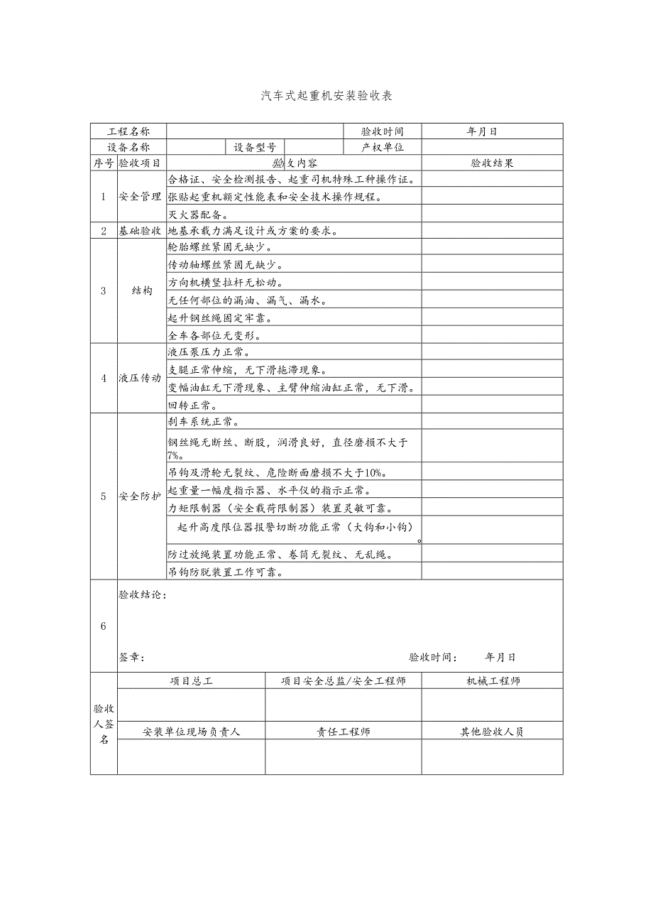 汽车式起重机安装验收表.docx_第1页