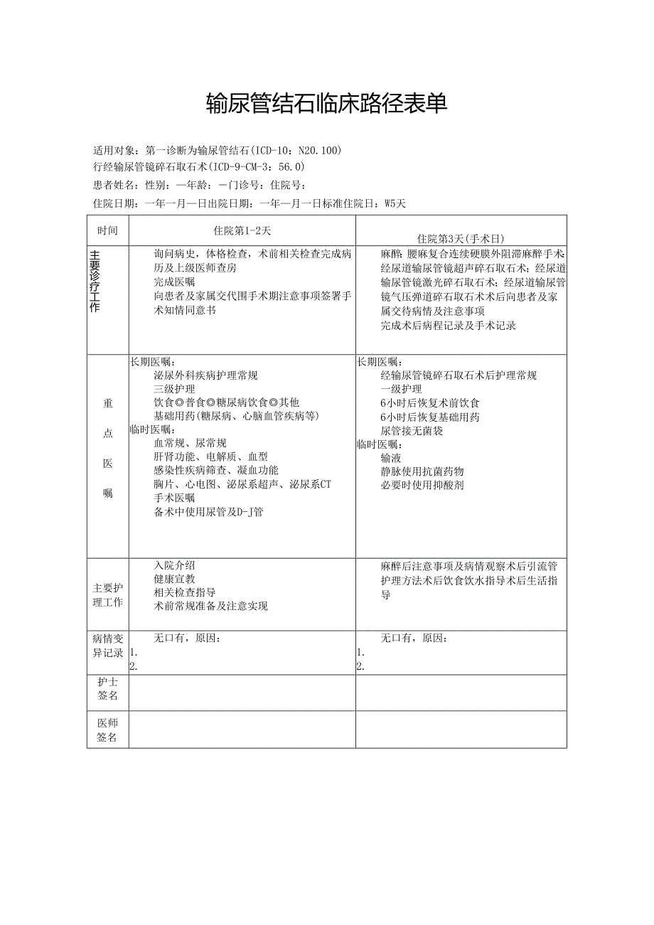输尿管结石临床路径表单.docx_第1页