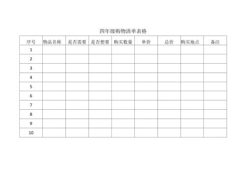 四年级购物清单表格.docx