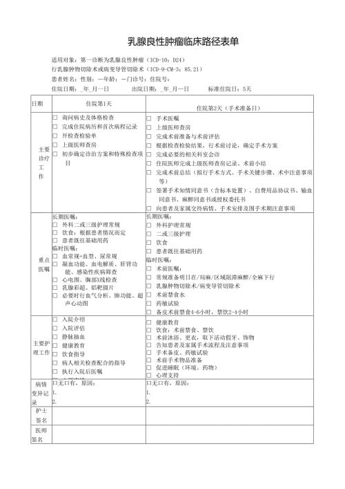 乳腺良性肿瘤临床路径表单.docx