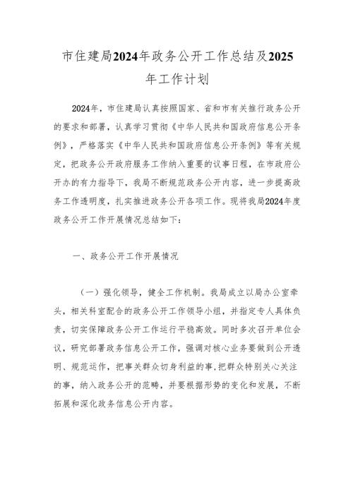 市住建局2024年政务公开工作总结及2025年工作计划.docx