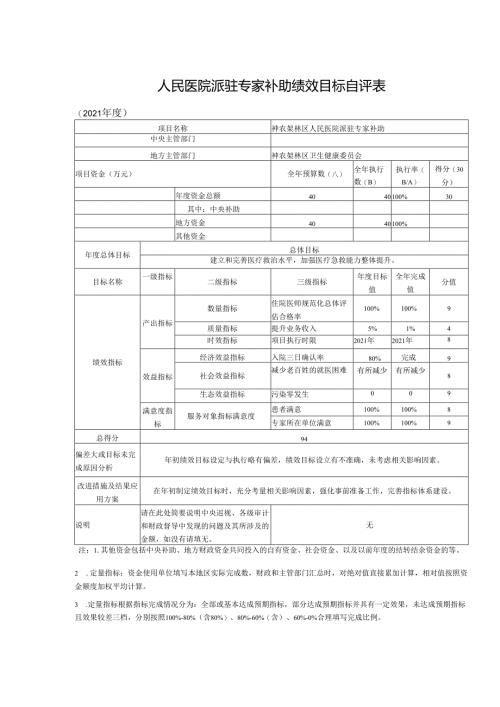 人民医院派驻专家补助绩效目标自评表.docx