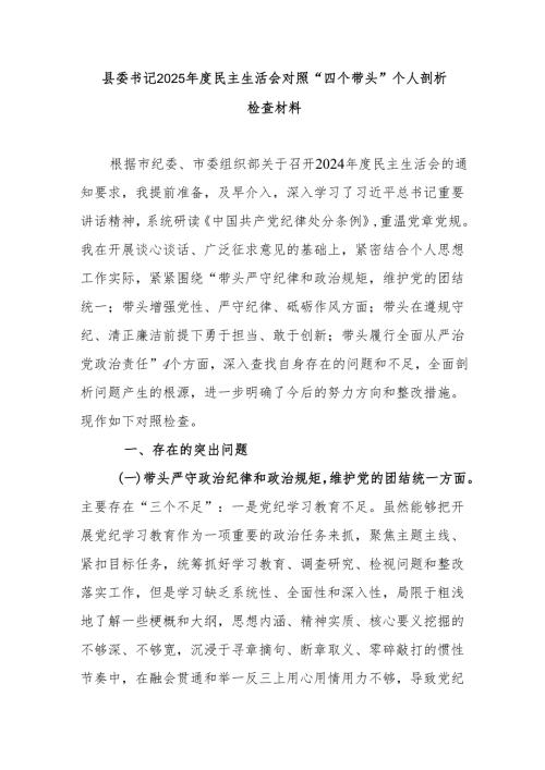 县委书记2025年度民主生活会对照“四个带头”个人剖析检查材料.docx