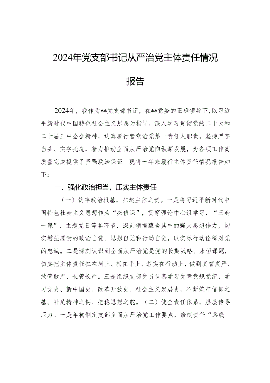 2024年党支部书记从严治党主体责任情况报告材料.docx_第1页