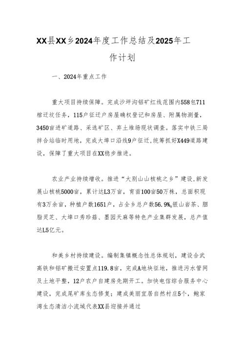 XX县XX乡2024年度工作总结及2025年工作计划.docx
