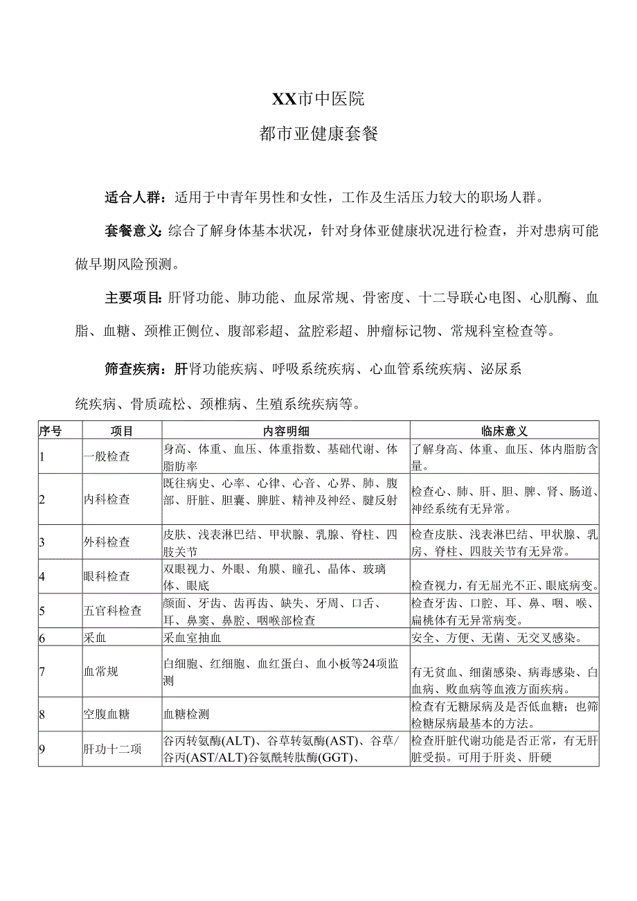 XX市中医院都市亚健康套餐（2024年）.docx_第1页