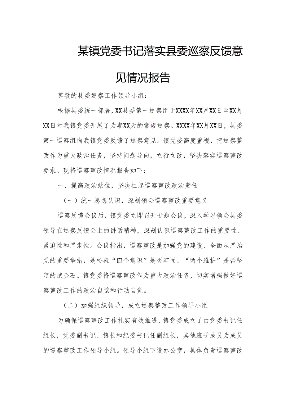 某镇党委书记落实县委巡察反馈意见情况报告.docx_第1页