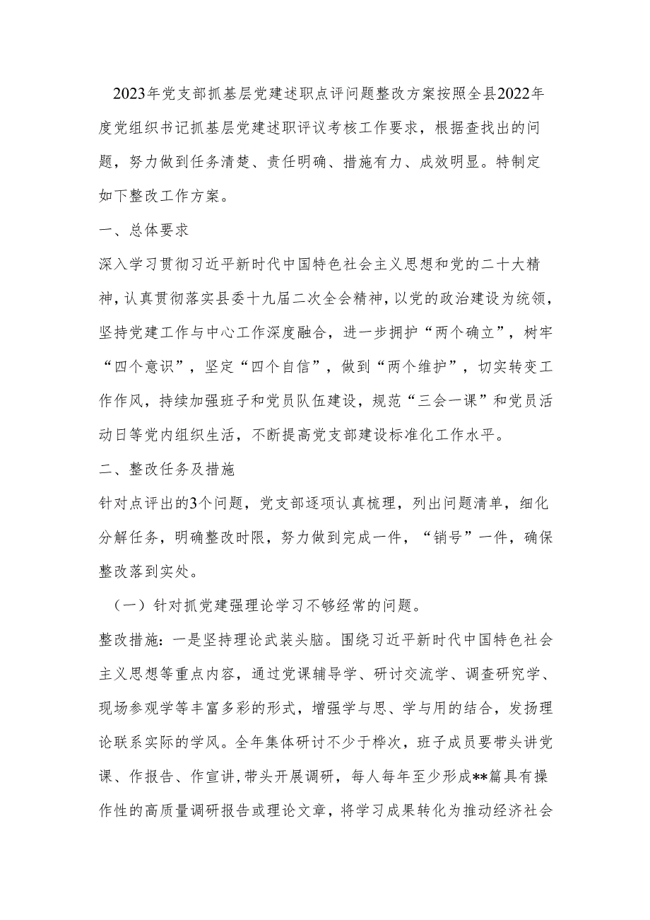 2023年党支部抓基层党建述职点评问题整改方案.docx_第1页