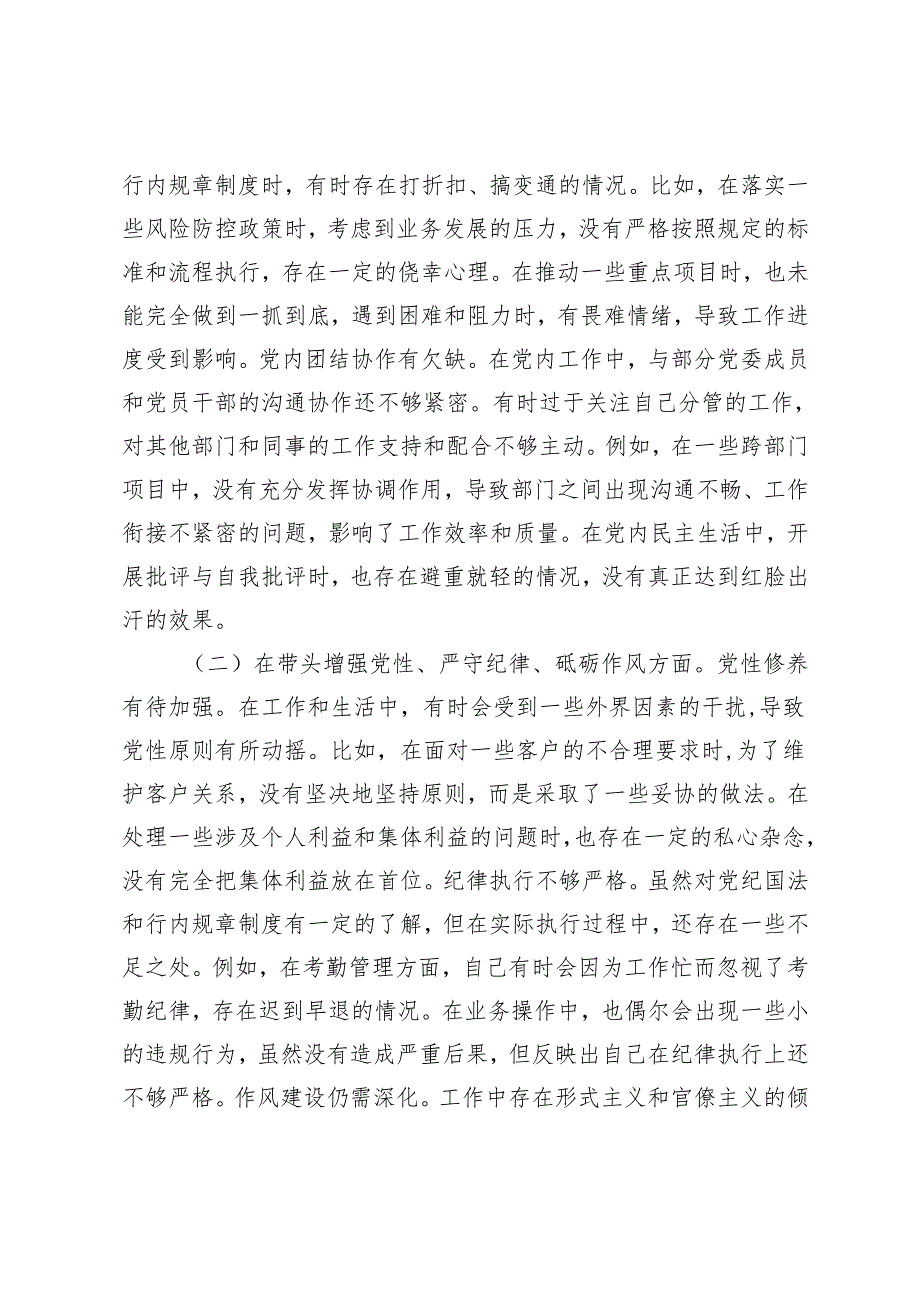 银行党委副书记2024年度民主生活会个人对照检视发言材料.docx_第2页
