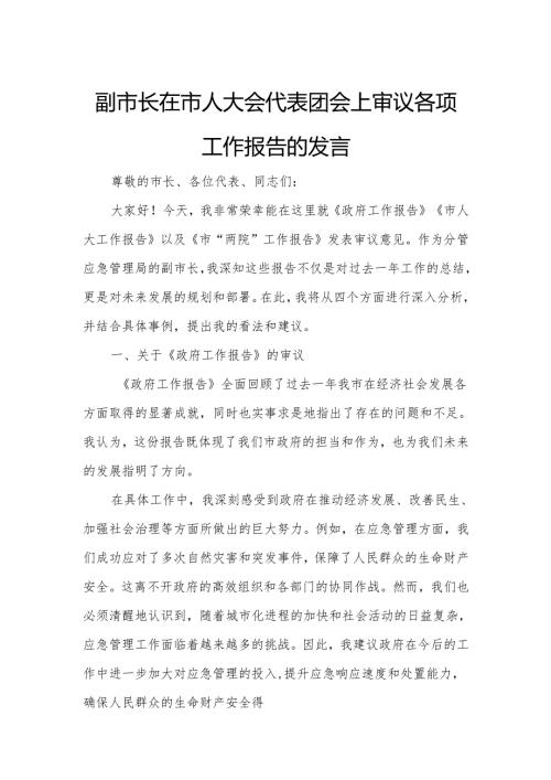 副市长在市人大会代表团会上审议各项工作报告的发言.docx