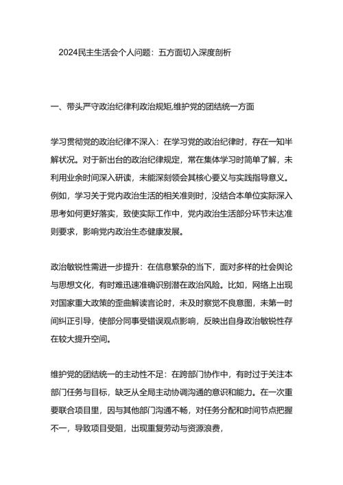 2024 民主生活会个人问题：五方面切入深度剖析.docx