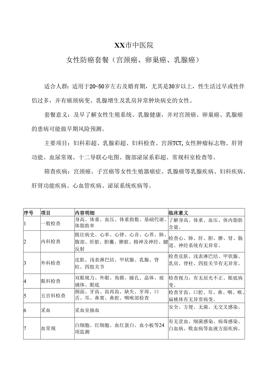 XX市中医院女性防癌套餐（宫颈癌、卵巢癌、乳腺癌）（2024年）.docx_第1页