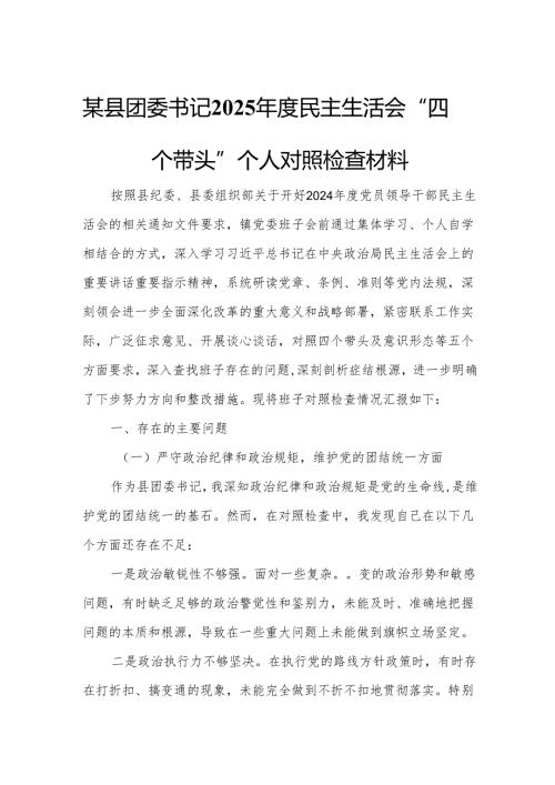 某县团委书记2025年度民主生活会“四个带头”个人对照检查材料.docx
