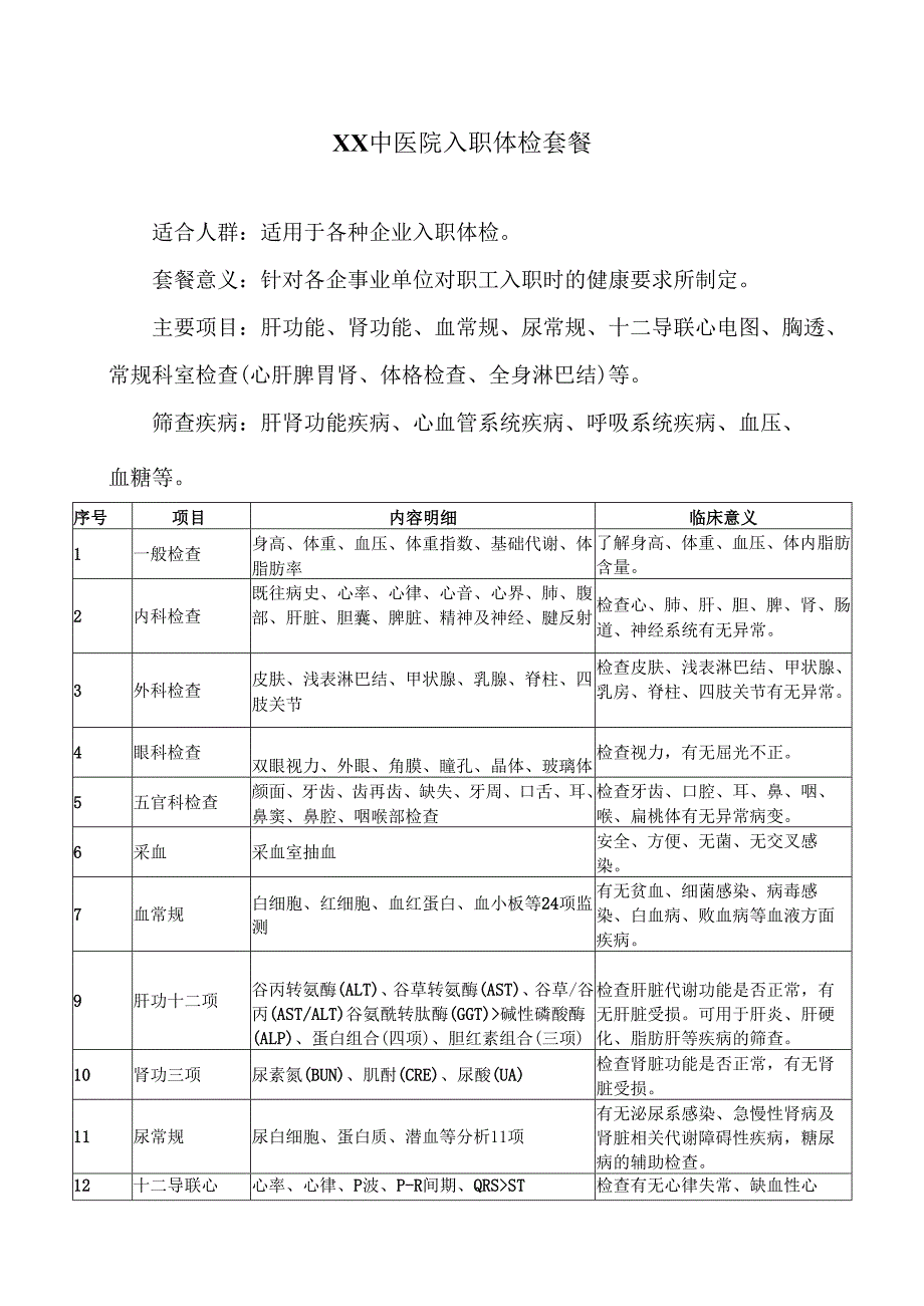 XX中医院入职体检套餐（2024年）.docx_第1页