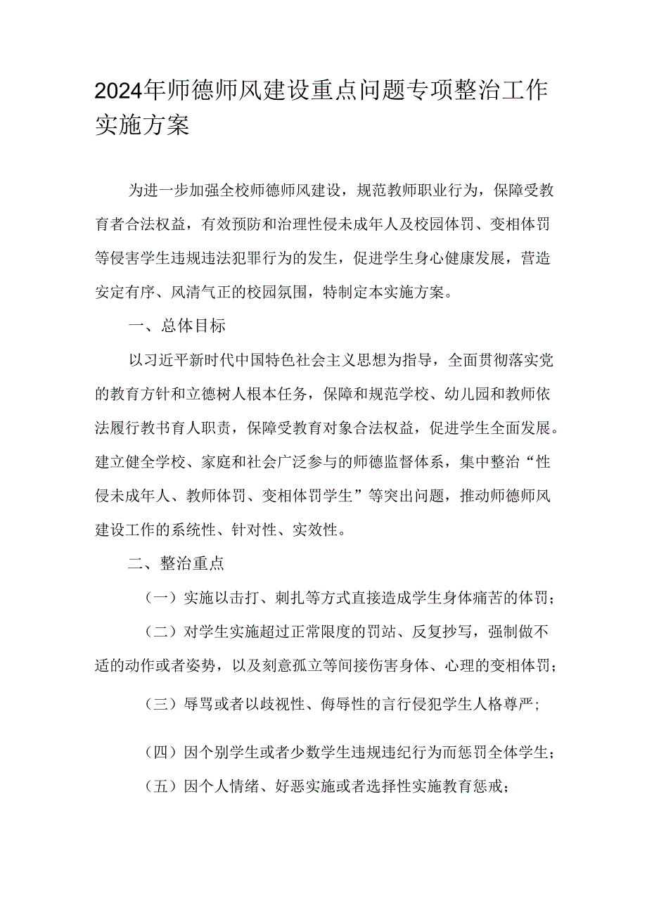 2024年师德师风建设重点问题专项整治工作实施方案.docx_第1页