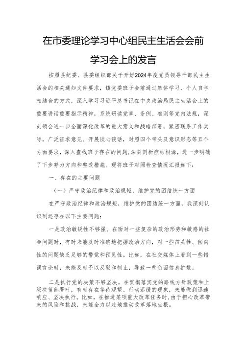 在市委理论学习中心组民主生活会会前学习会上的发言.docx