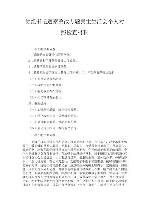 党组书记巡察整改专题民主生活会 个人对照检查材料.docx