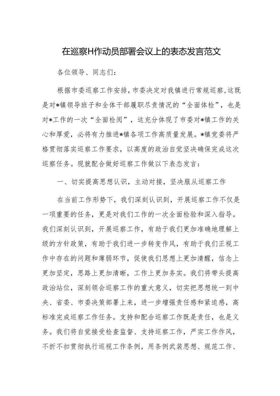 在巡察工作动员部署会议上的表态发言范文.docx_第1页