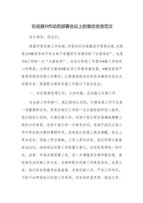 在巡察工作动员部署会议上的表态发言范文.docx