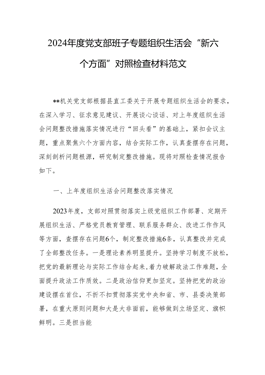 2024年度党支部班子专题组织生活会“新六个方面”对照检查材料范文.docx_第1页