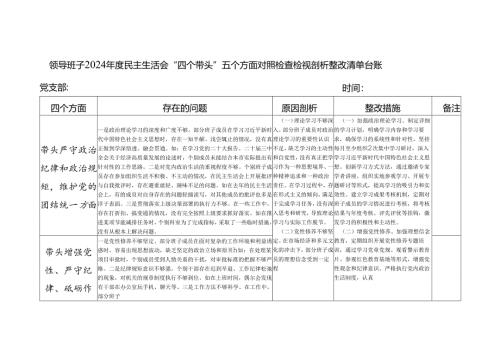 班子2025年民主生活会四个带头五个方面对照检查检视剖析整改清单台账.docx