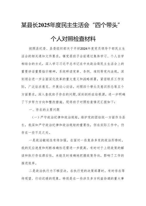 某县长2025年度民主生活会“四个带头”个人对照检查材料5.docx