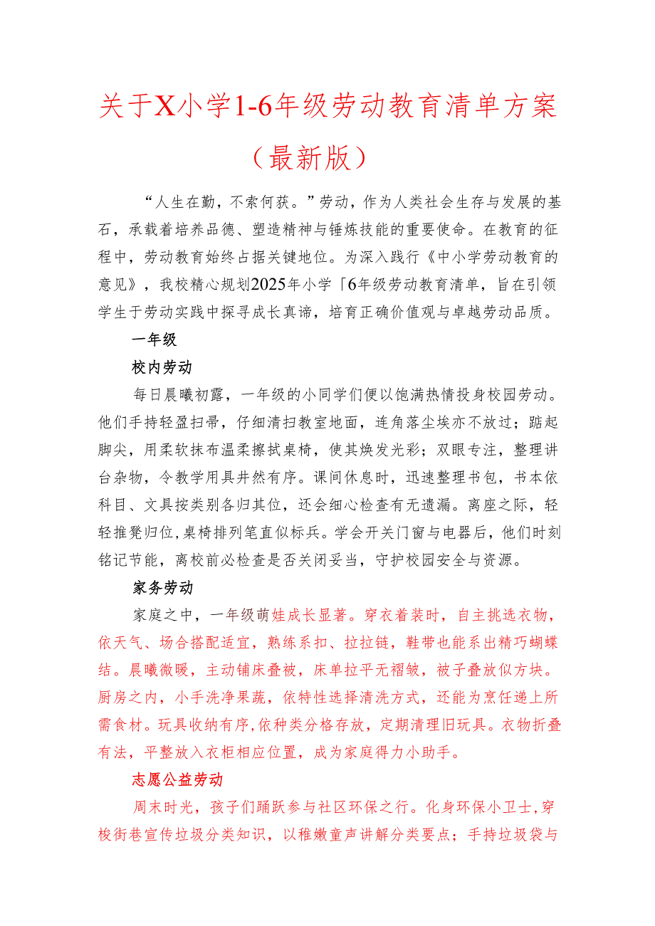 关于X小学1-6年级劳动教育清单方案（最新版）.docx_第1页