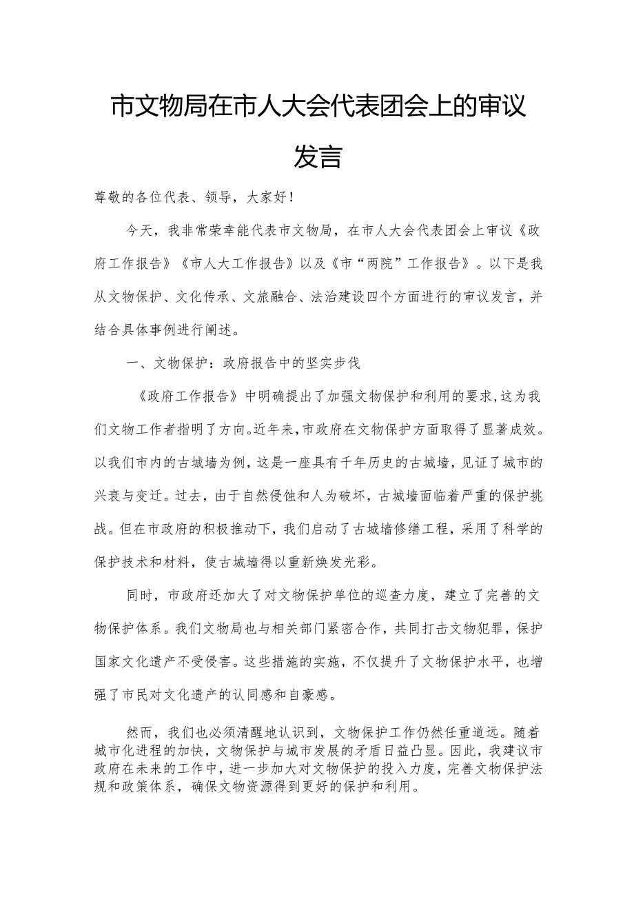 市文物局在市人大会代表团会上的审议发言.docx_第1页