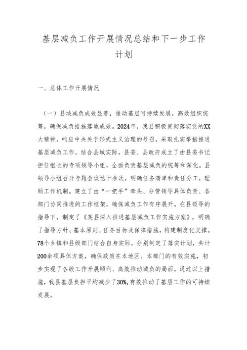 基层减负工作开展情况总结和下一步工作计划.docx