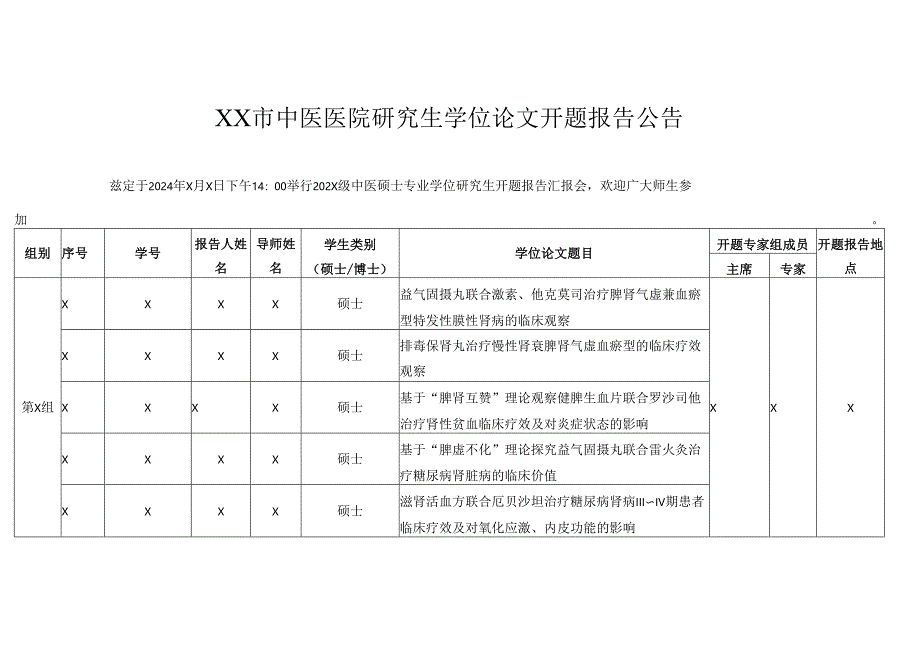 XX市中医医院研究生学位论文开题报告公告 （2025年）.docx_第1页