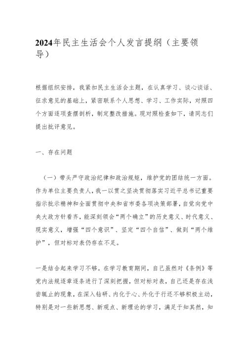 2024年民主生活会个人发言提纲（主要领导）.docx