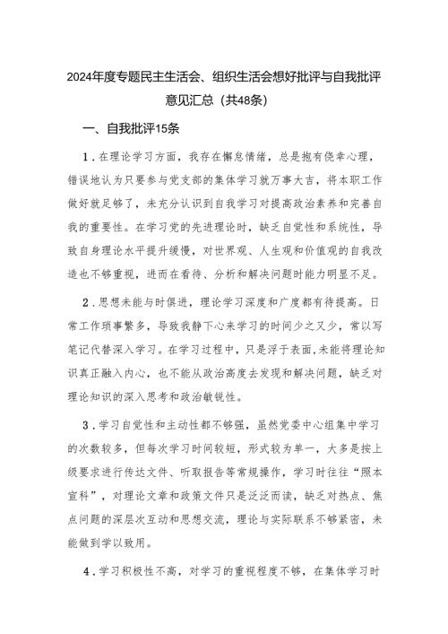 2024年度专题民主生活会组织生活会互相批评意见与自我批评意见.docx