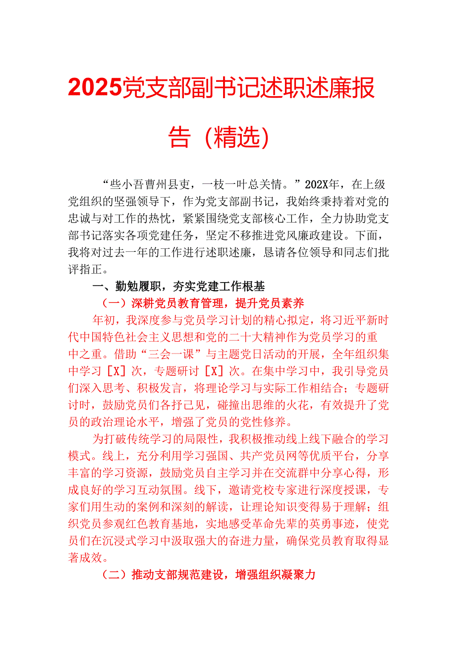 2025党支部副书记述职述廉报告(精选).docx_第1页