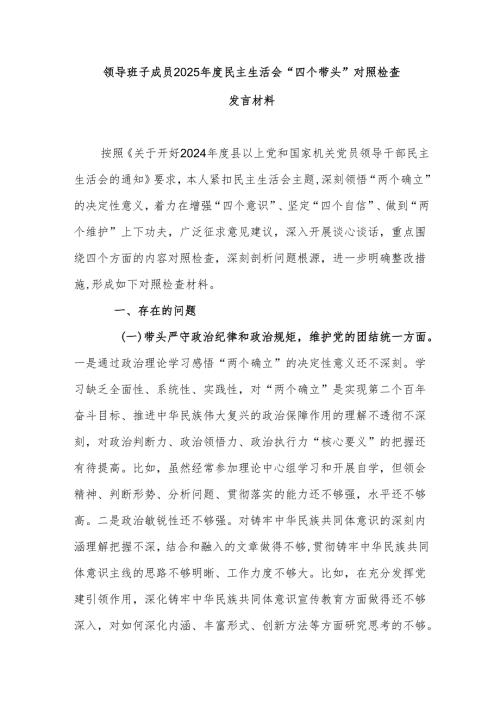 领导班子成员2025年度民主生活会“四个带头”对照检查发言材料.docx