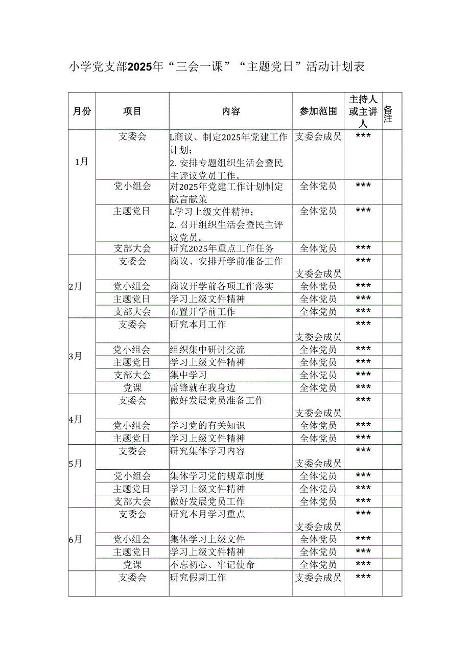 小学党支部2025年“三会一课”“主题党日”活动计划表.docx_第1页