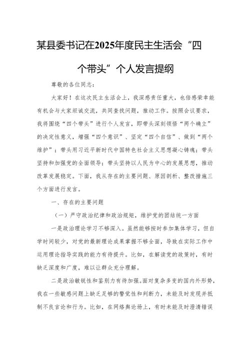 某县委书记在2025年度民主生活会“四个带头”个人发言提纲.docx