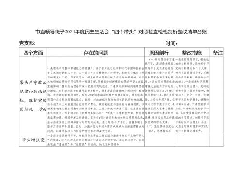 市直领导班子2024年度民主生活会“四个带头”五个方面对照检查检视剖析整改清单台账.docx
