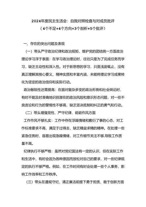 2024 年度民主生活会：自我对照检查与对成员批评.docx