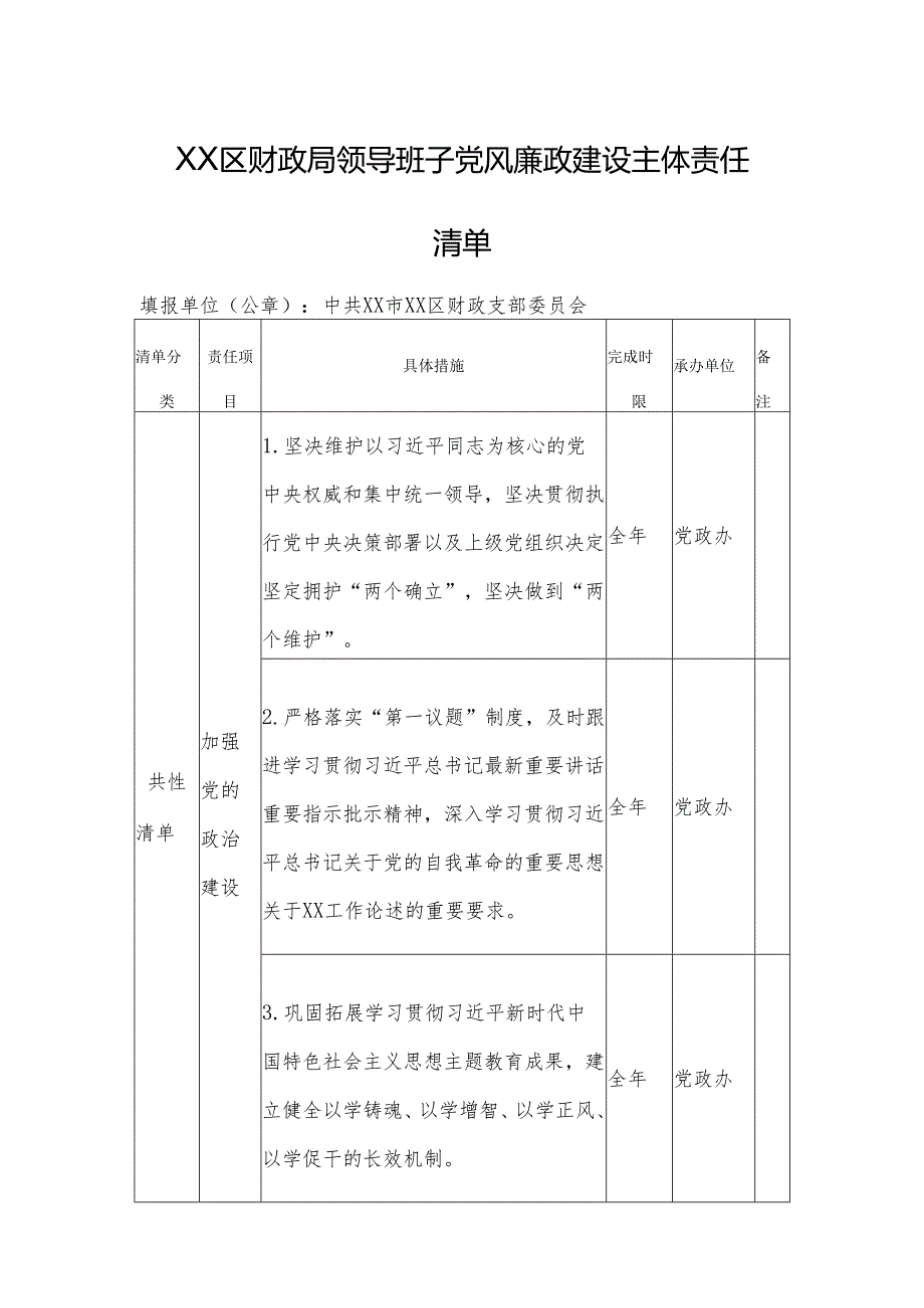 XX区财政局领导班子党风廉政建设主体责任清单.docx_第1页