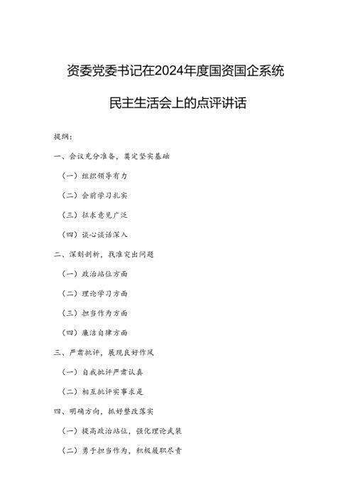 国资委党委书记在2024年度国资国企系统民主生活会上的点评讲话.docx