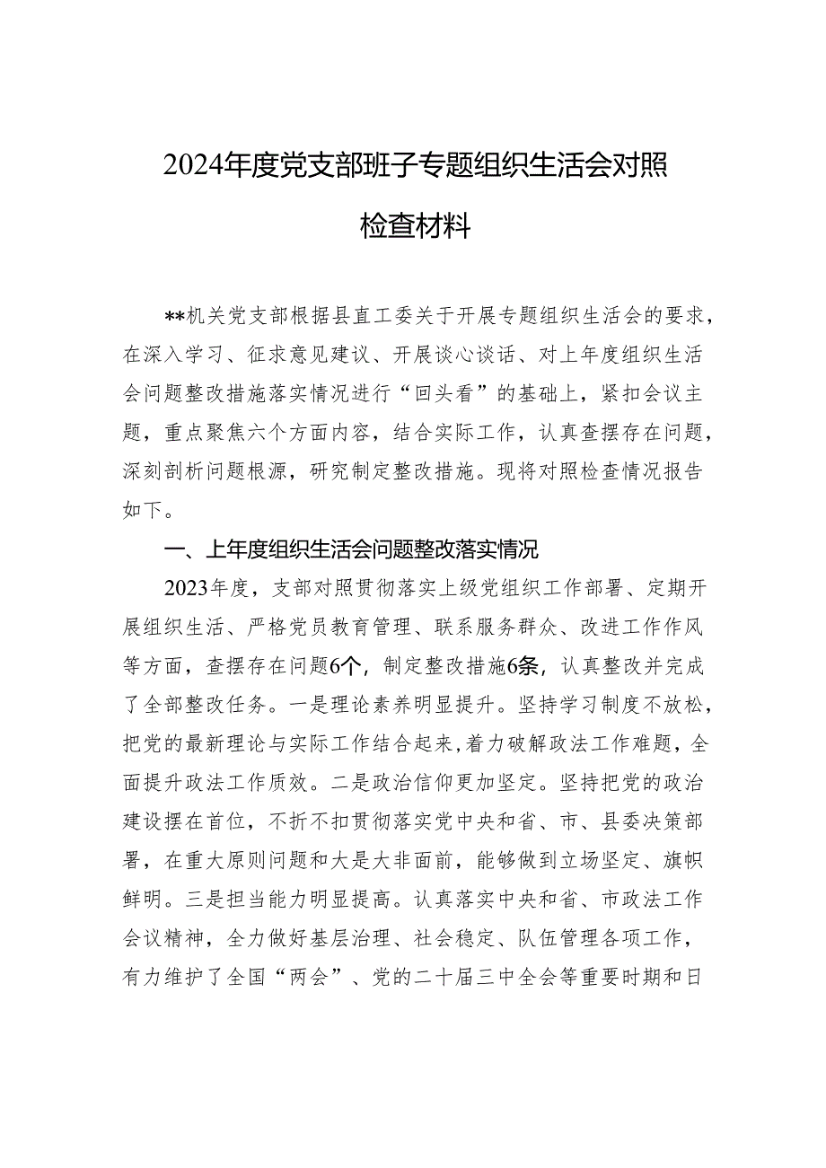 2024年度党支部班子专题组织生活会对照检查发言材料.docx_第1页