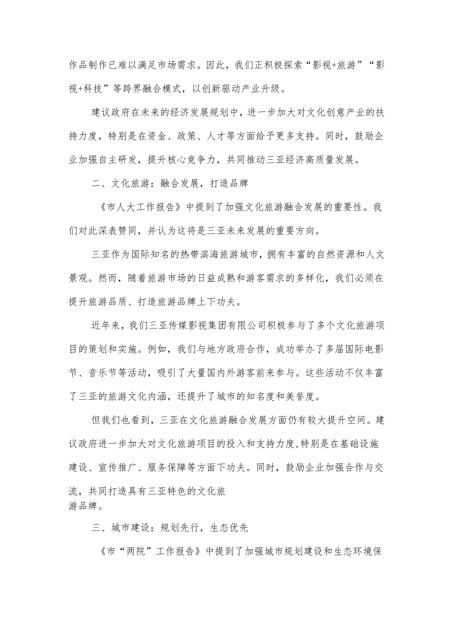 三亚传媒影视集团有限公司在市人大会代表团会上审议政府工作报告等报告的发言.docx_第2页