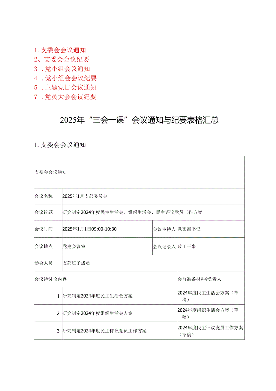2025年“三会一课”会议通知与纪要表格汇总.docx_第1页