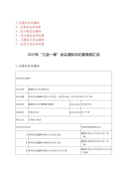 2025年“三会一课”会议通知与纪要表格汇总.docx